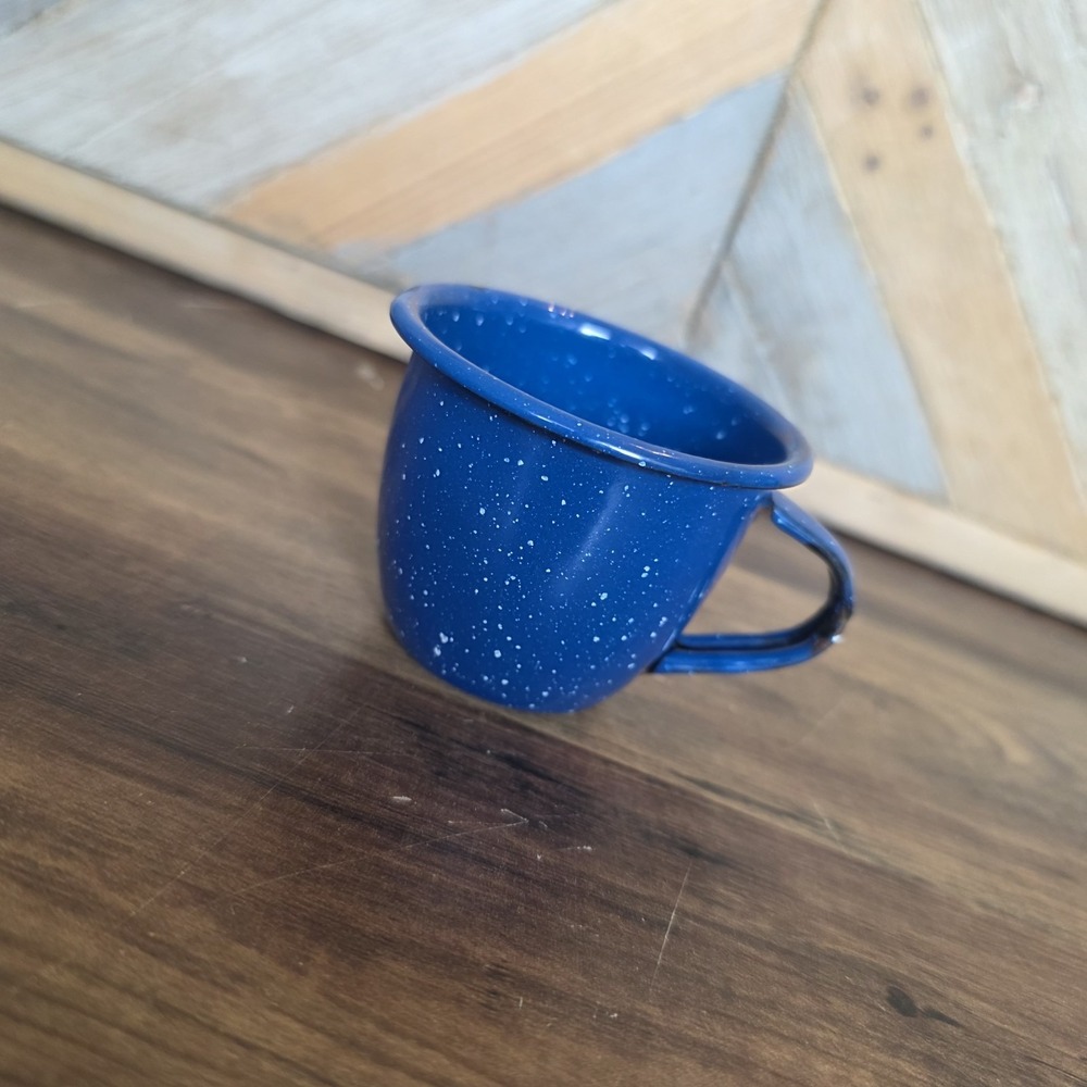 Vintage Small Blue Speckled Enamel Rimmed Metal‎ Mug Miniature 2" Small